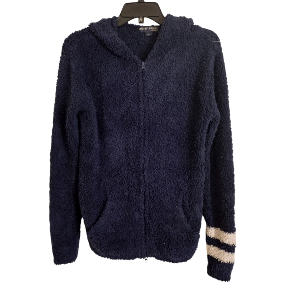 Barefoot Dreams Navy Blue Fuzzy Zip Hoodie with Cream Stripe